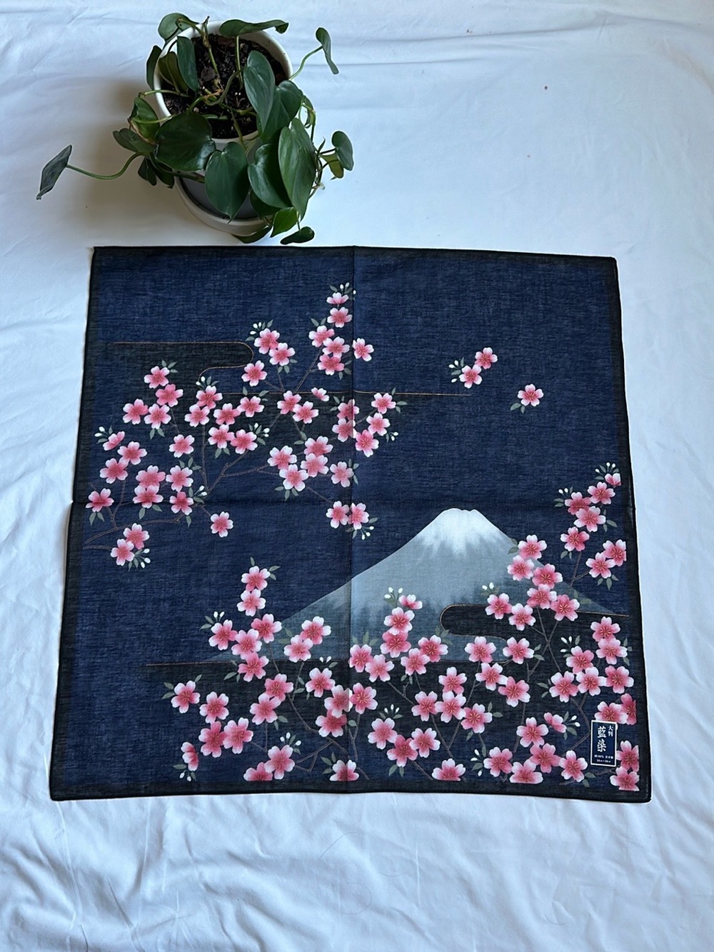 Floral Cherry Blossom Mountain Square Scarf - Navy & Pink